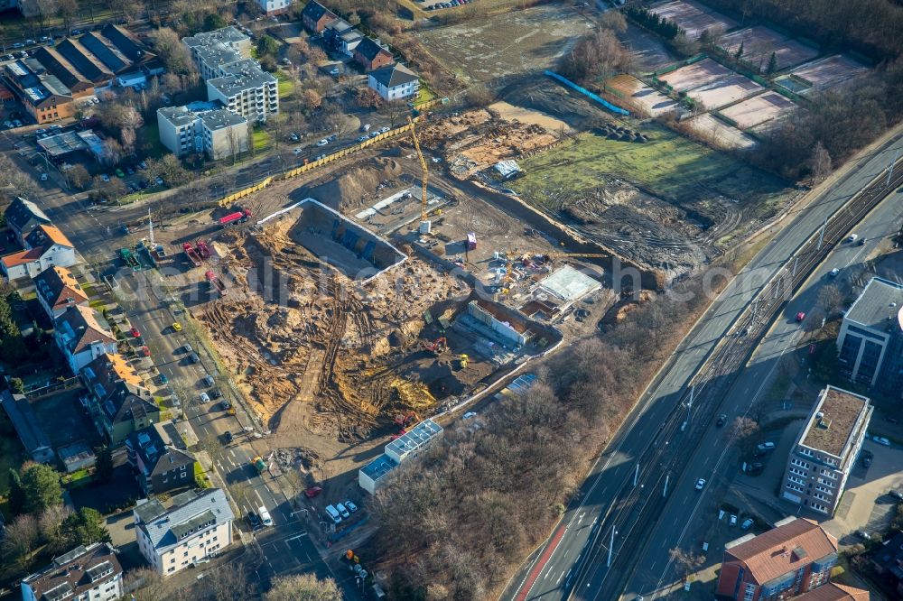 Bochum from above - Building site to the new building of an office house and business house of the Vonovia headquarters in Bochum in the federal state North Rhine-Westphalia. The Vonovia SE belongs to the leading real estate enterprises in Europe and is the biggest Wolfgang Gerbere residential real estate company in Germany