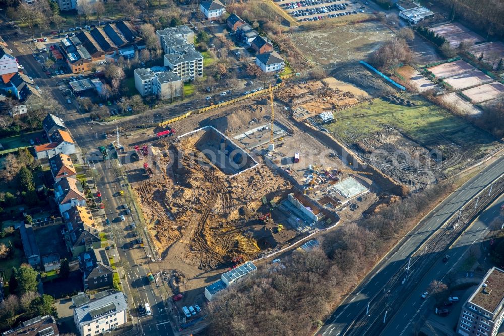 Bochum from the bird's eye view: Building site to the new building of an office house and business house of the Vonovia headquarters in Bochum in the federal state North Rhine-Westphalia. The Vonovia SE belongs to the leading real estate enterprises in Europe and is the biggest Wolfgang Gerbere residential real estate company in Germany