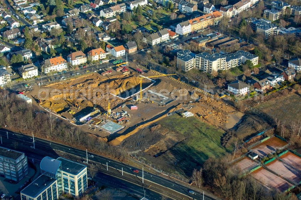 Aerial image Bochum - Building site to the new building of an office house and business house of the Vonovia headquarters in Bochum in the federal state North Rhine-Westphalia. The Vonovia SE belongs to the leading real estate enterprises in Europe and is the biggest Wolfgang Gerbere residential real estate company in Germany