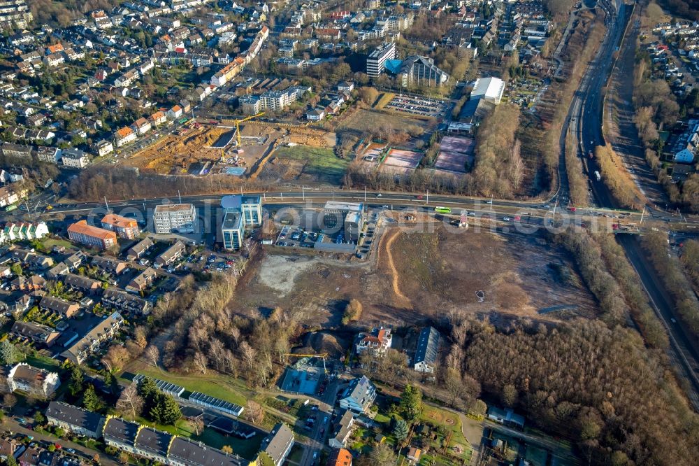 Bochum from above - Building site to the new building of an office house and business house of the Vonovia headquarters in Bochum in the federal state North Rhine-Westphalia. The Vonovia SE belongs to the leading real estate enterprises in Europe and is the biggest Wolfgang Gerbere residential real estate company in Germany