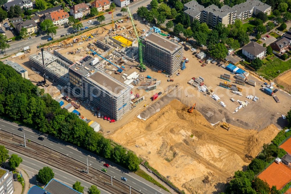 Bochum from the bird's eye view: Construction site to build a new office and commercial building of Vonovia Zentrale in Bochum in the state North Rhine-Westphalia