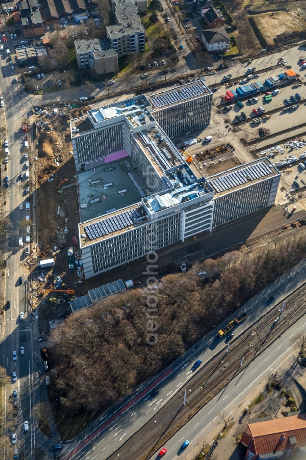 Bochum from above - Construction site to build a new office and commercial building of Vonovia Zentrale in Bochum in the state North Rhine-Westphalia