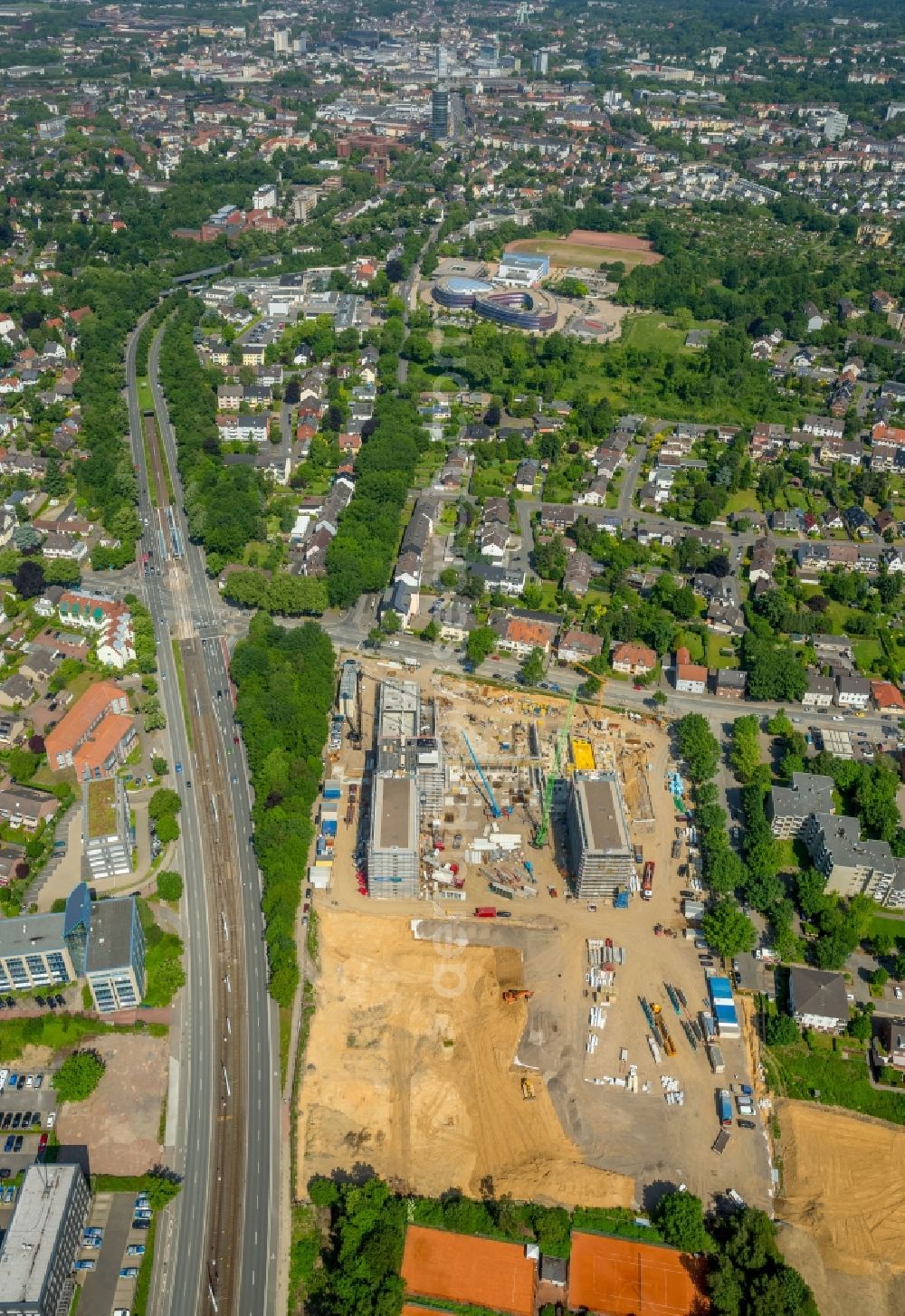 Bochum from above - Construction site to build a new office and commercial building of Vonovia Zentrale in Bochum in the state North Rhine-Westphalia