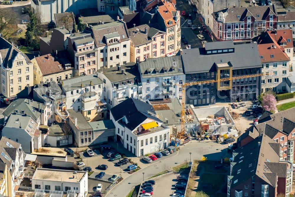 Aerial image Hagen - Construction site to build a new office and commercial building of Wulff Bau-GmbH & Co. KG on Huettenplatz in the district Haspe in Hagen in the state North Rhine-Westphalia