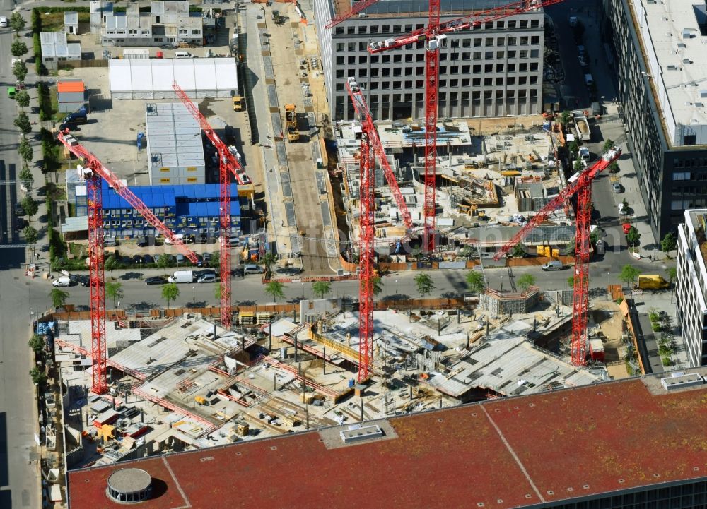 Aerial photograph Berlin - Construction site to build a new office and commercial building Zalando Campus through the PORR Deutschland GmbH on Valeska-Gert-Strasse in the district Bezirk Friedrichshain-Kreuzberg in Berlin, Germany