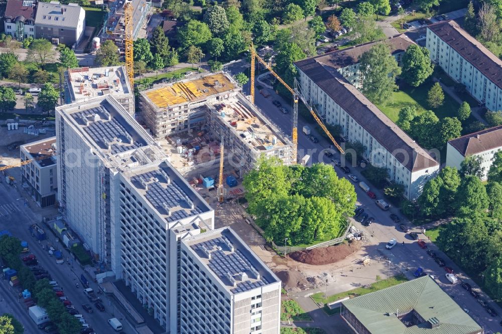 München from above - Construction site for the new building at the Zuericher Strasse in Munich in the state Bavaria, Germany