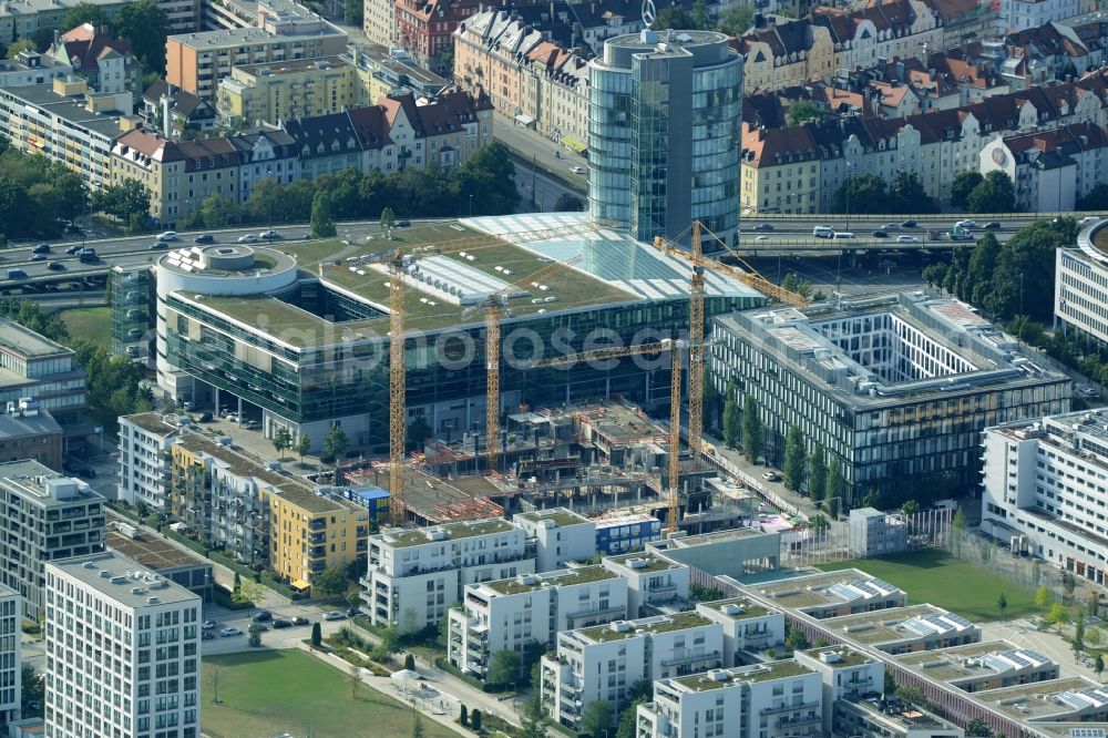 Aerial photograph München - Construction site for the new office- building NOVE Arnulfpark in Munich in the state Bavaria. On the last gap in Munich's Arnulfpark built the HORUS Development GmbH, a project company of the Art-Invest Real Estate and Consulting SALVIS by the project planner Antonio Citterio Patricia Viel and Partners with the Porr Germany GmbH a modern office building