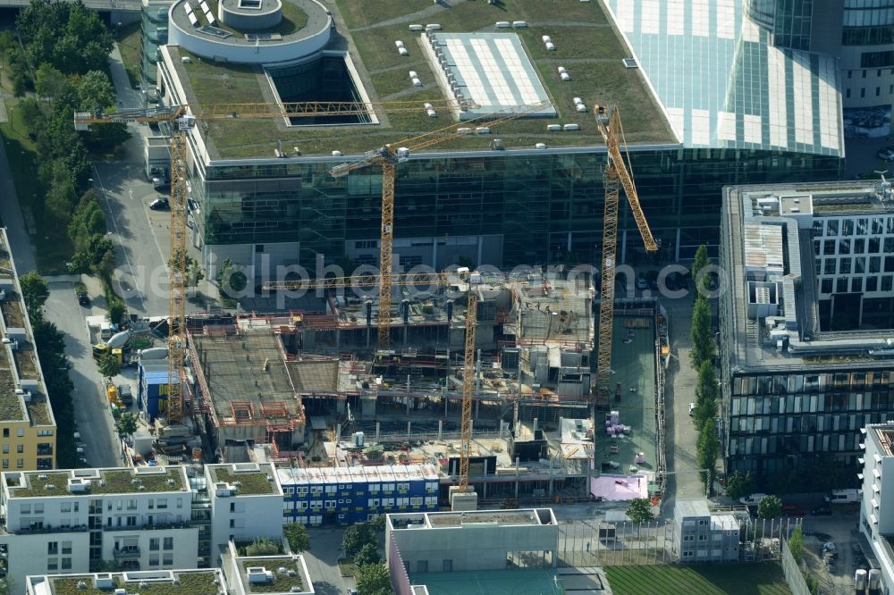 Aerial image München - Construction site for the new office- building NOVE Arnulfpark in Munich in the state Bavaria. On the last gap in Munich's Arnulfpark built the HORUS Development GmbH, a project company of the Art-Invest Real Estate and Consulting SALVIS by the project planner Antonio Citterio Patricia Viel and Partners with the Porr Germany GmbH a modern office building