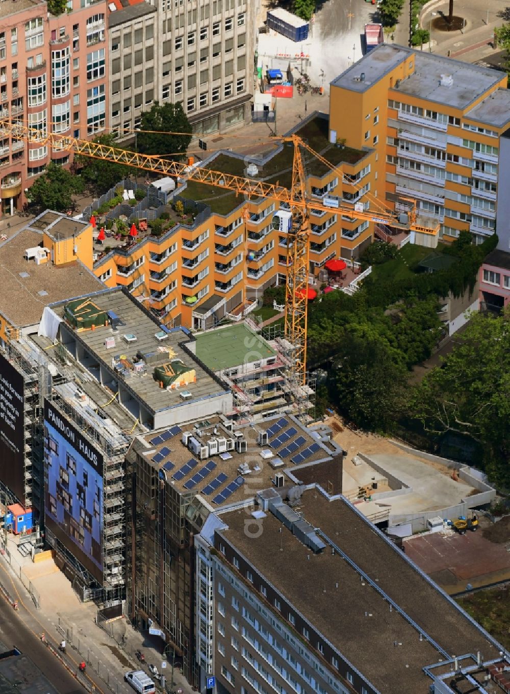 Berlin from the bird's eye view: Construction site for the new building of the office building Nuernberger Strasse in the district Charlottenburg in Berlin, Germany