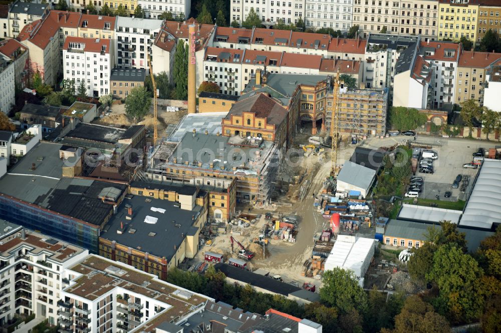 Aerial photograph Berlin - Construction site for the new building Boetzow Campus on the site of the former Boetzow brewery on the street Prenzlauer Allee in the district Prenzlauer Berg in Berlin, Germany