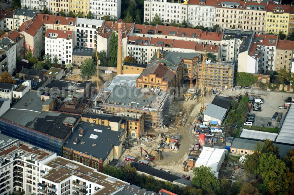 Berlin from above - Construction site for the new building Boetzow Campus on the site of the former Boetzow brewery on the street Prenzlauer Allee in the district Prenzlauer Berg in Berlin, Germany