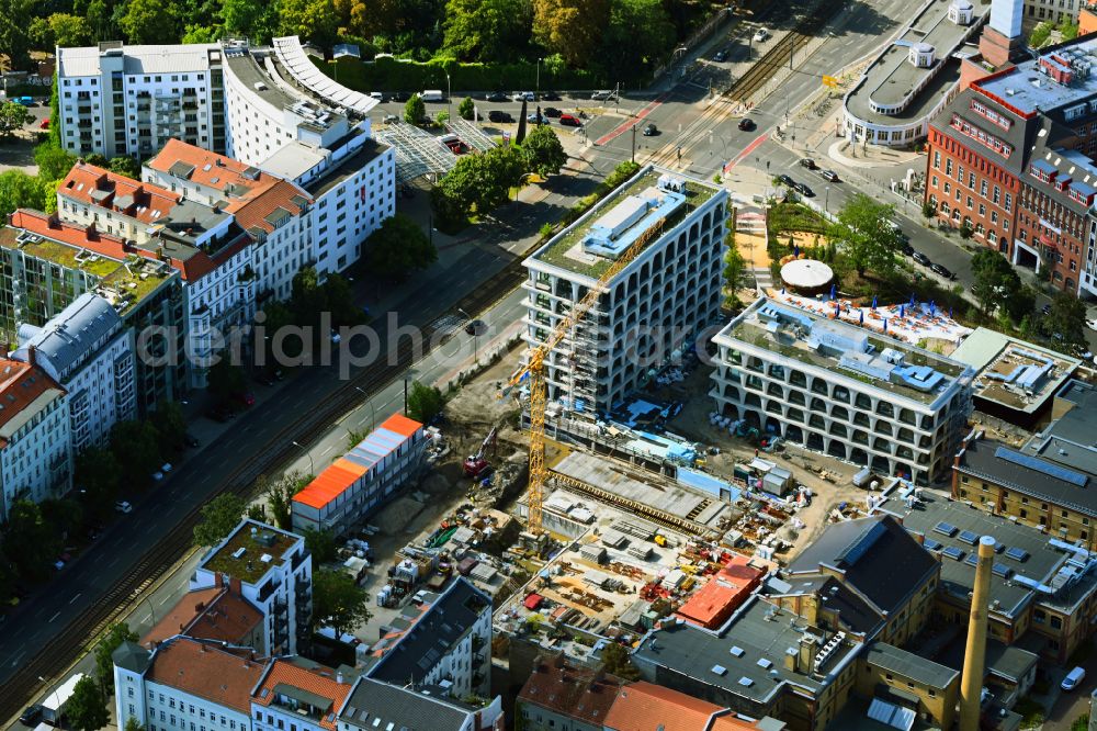 Berlin from the bird's eye view: Construction site for the new building Boetzow Campus on the street Prenzlauer Allee in the district Prenzlauer Berg in Berlin, Germany