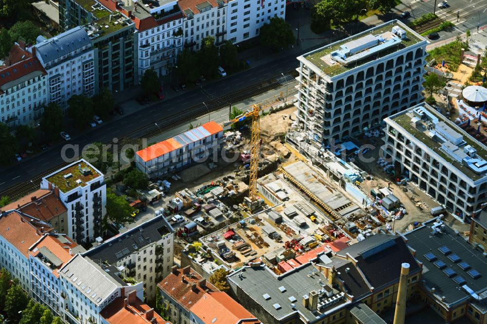 Berlin from above - Construction site for the new building Boetzow Campus on the street Prenzlauer Allee in the district Prenzlauer Berg in Berlin, Germany