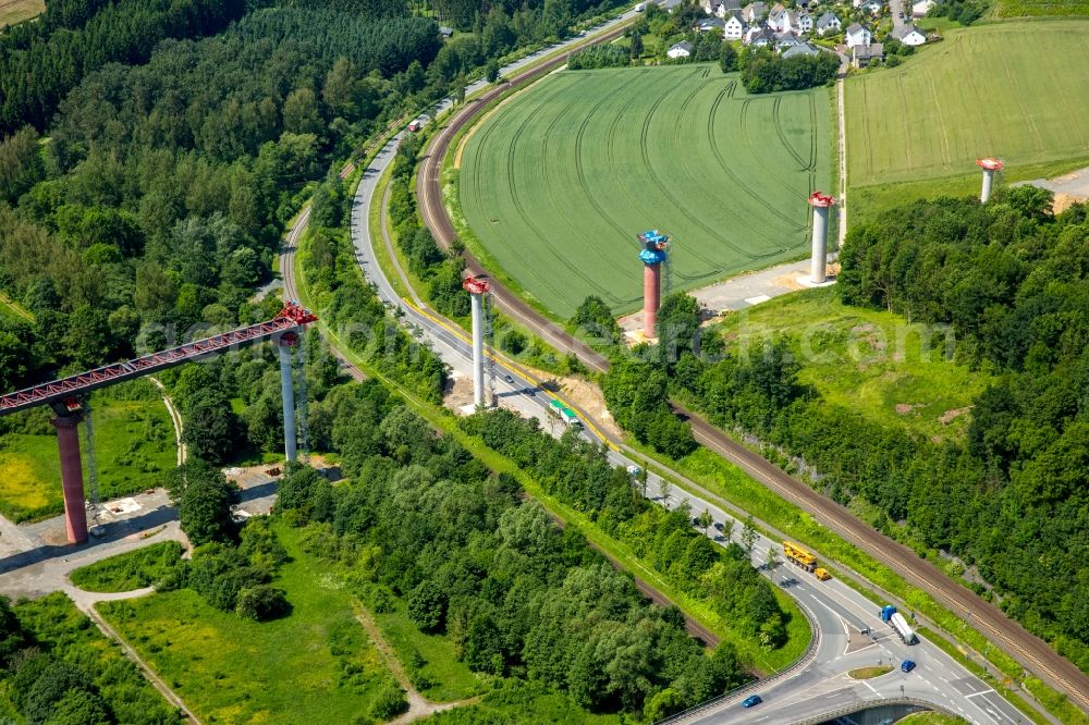 Olsberg from above - Construction site for the new building der Bundesstrasse B7 in Olsberg in the state North Rhine-Westphalia