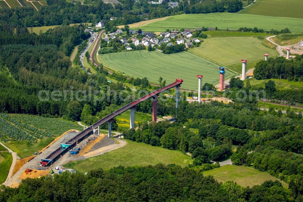 Olsberg from the bird's eye view: Construction site for the new building der Bundesstrasse B7 in Olsberg in the state North Rhine-Westphalia