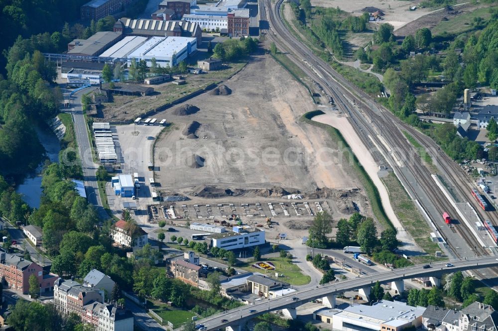 Aerial image Aue - Construction site for a new bus depot of RVE Regionalverkehr Erzgebirge GmbH Aue in Aue in the federal state of Saxony, Germany
