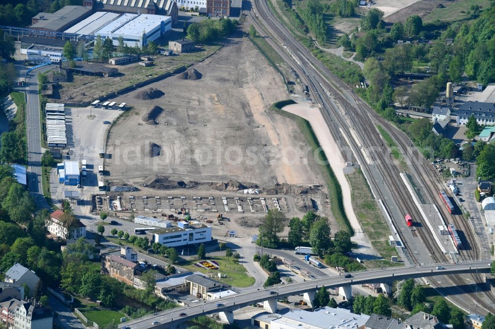 Aerial photograph Aue - Construction site for a new bus depot of RVE Regionalverkehr Erzgebirge GmbH Aue in Aue in the federal state of Saxony, Germany