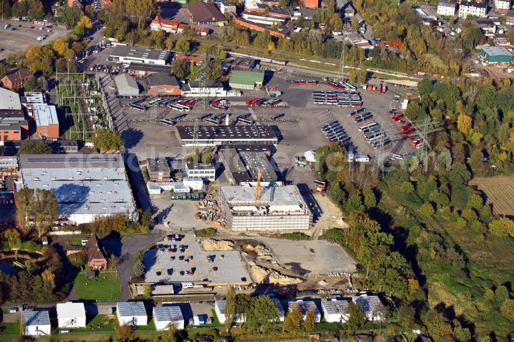 Aerial photograph Hamburg - Building site to the new building of a coach workshop for electric buses (E buses) in the district Bergedorf in Hamburg, Germany. Developers are the Verkehrsbetriebe Hamburg-Holstein GmbH (VHH)