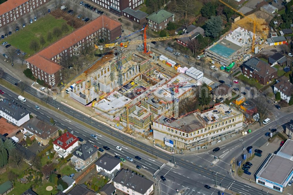 Aerial image Bottrop - Construction site of the new campus of the University of Ruhr West through the construction and property NRW (BLB NRW) in Bottrop