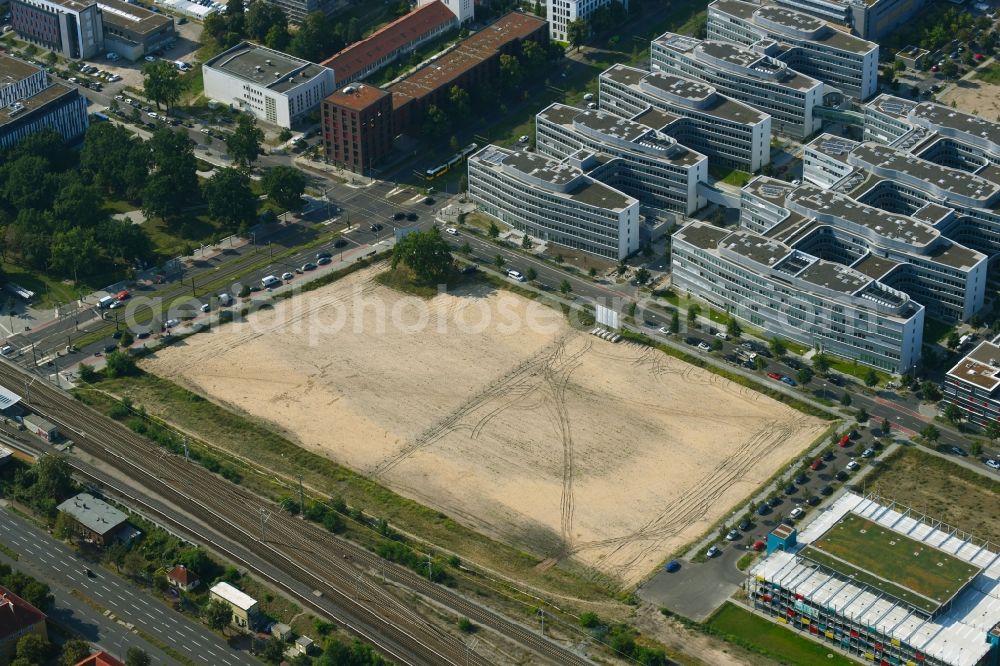 Berlin from the bird's eye view: Construction site for the new building of Campus-Hotel Adlershof on Wagner-Regeny-Strasse in the district Treptow-Koepenick in Berlin, Germany