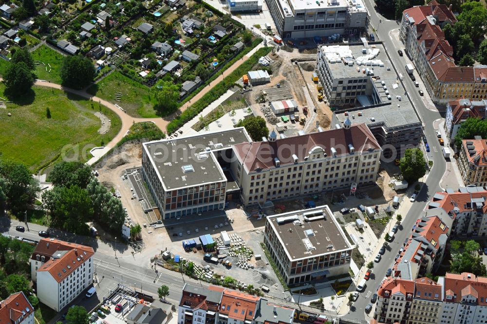 Aerial image Leipzig - Construction site for the new building Campus Quartiersschule Oberschule - oeffentliche Einrichtungen in of Ihmelsstrasse - Wurzner Strasse - Kroenerstrasse in the district Sellerhausen in Leipzig in the state Saxony, Germany