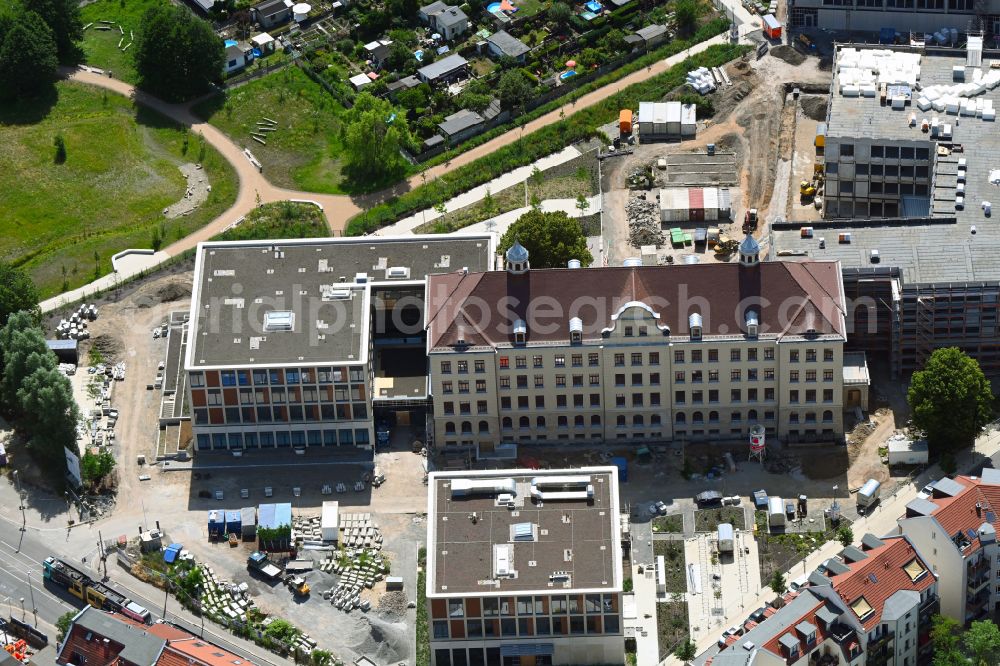 Leipzig from above - Construction site for the new building Campus Quartiersschule Oberschule - oeffentliche Einrichtungen in of Ihmelsstrasse - Wurzner Strasse - Kroenerstrasse in the district Sellerhausen in Leipzig in the state Saxony, Germany