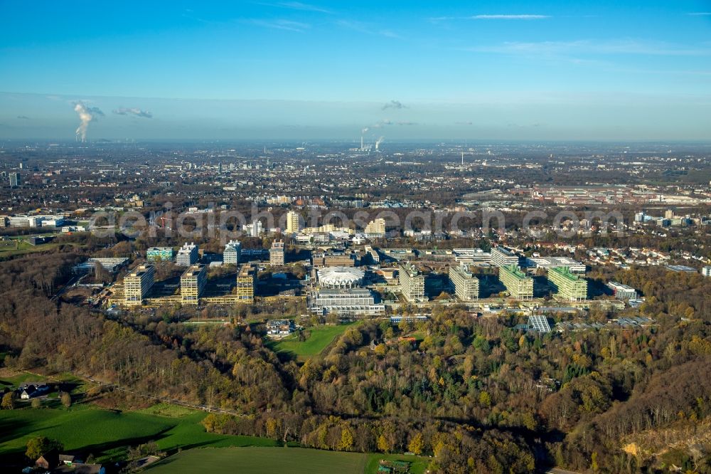 Aerial photograph Bochum - Construction site for the new building on the campus of RUB Ruhr-Universitaet Bochum in North Rhine-Westphalia. The building IA and IB - engineering building of Ruhr University Bochum were due harmful PCBs - demolished load and be rebuilt