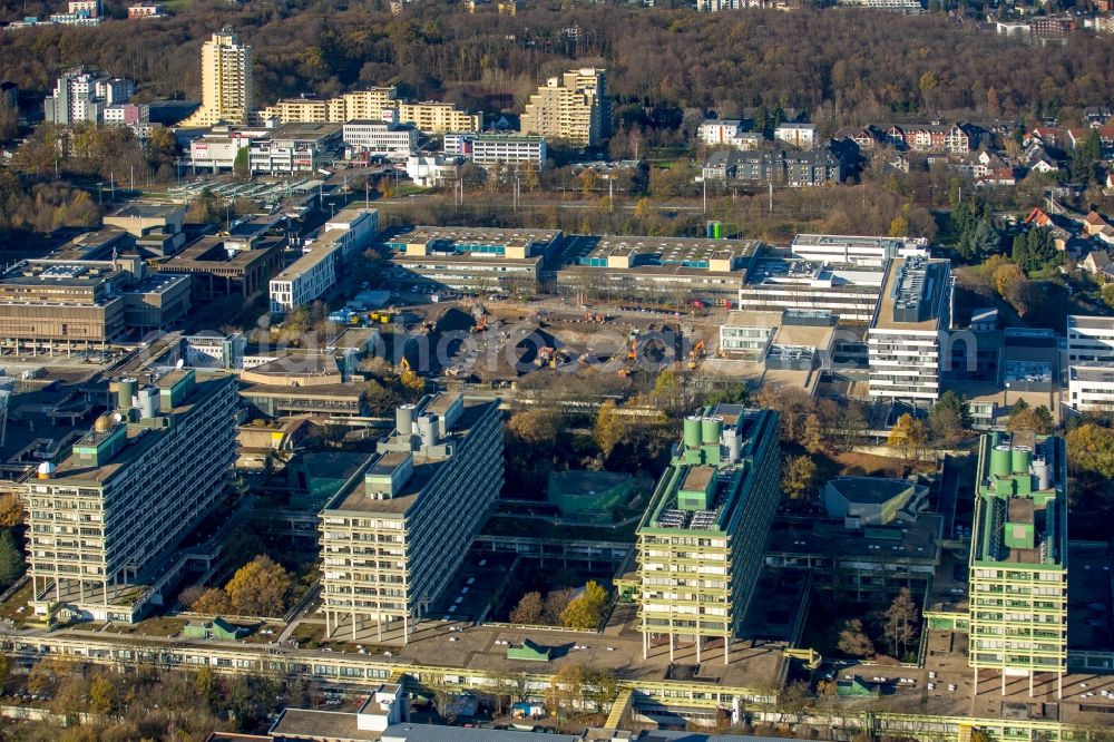 Aerial photograph Bochum - Construction site for the new building on the campus of RUB Ruhr-Universitaet Bochum in North Rhine-Westphalia. The building IA and IB - engineering building of Ruhr University Bochum were due harmful PCBs - demolished load and be rebuilt