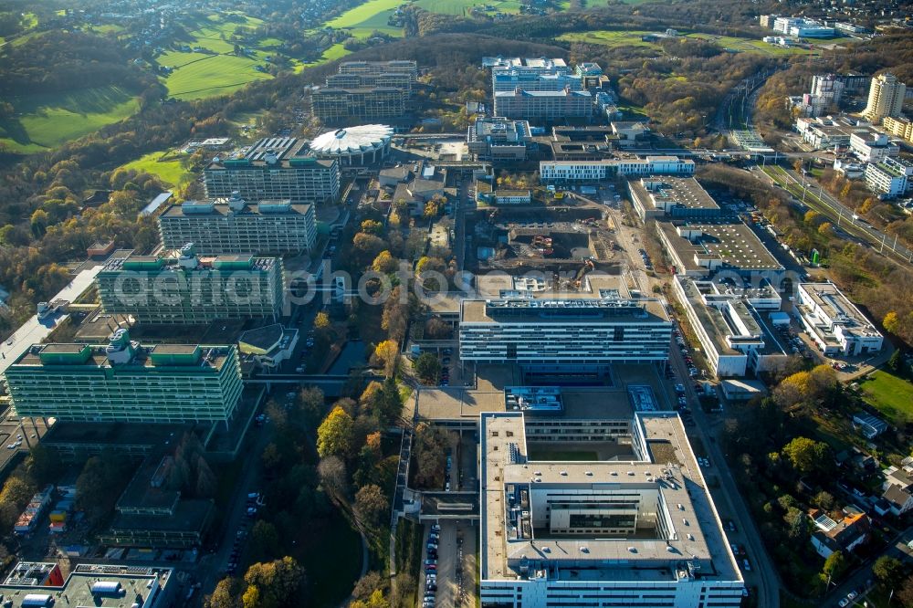 Bochum from the bird's eye view: Construction site for the new building on the campus of RUB Ruhr-Universitaet Bochum in North Rhine-Westphalia. The building IA and IB - engineering building of Ruhr University Bochum were due harmful PCBs - demolished load and be rebuilt