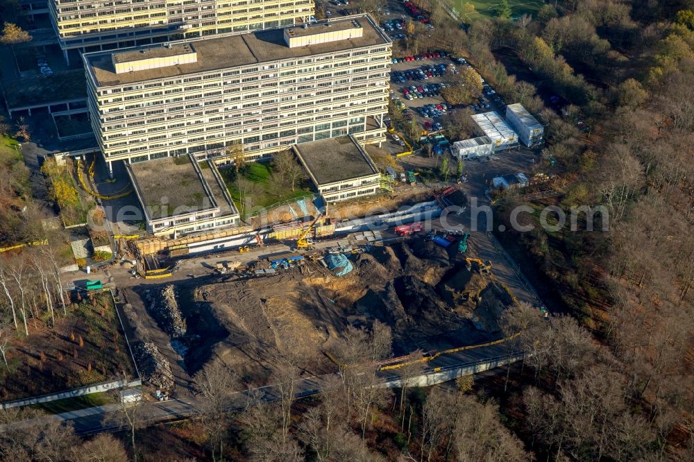 Aerial photograph Bochum - Construction site for the new building on the campus of RUB Ruhr-Universitaet Bochum in North Rhine-Westphalia. The building IA and IB - engineering building of Ruhr University Bochum were due harmful PCBs - demolished load and be rebuilt