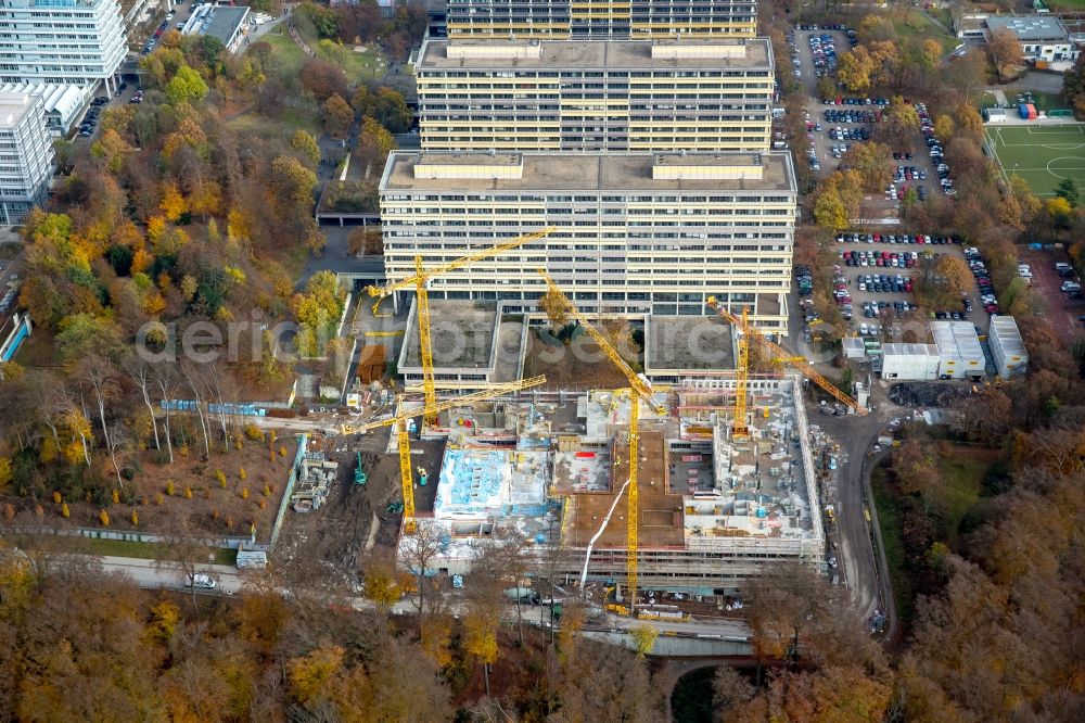 Aerial image Bochum - Construction site for the new building on the campus of RUB Ruhr-Universitaet Bochum in North Rhine-Westphalia. The building IA and IB - engineering building of Ruhr University Bochum were due harmful PCBs - demolished load and be rebuilt