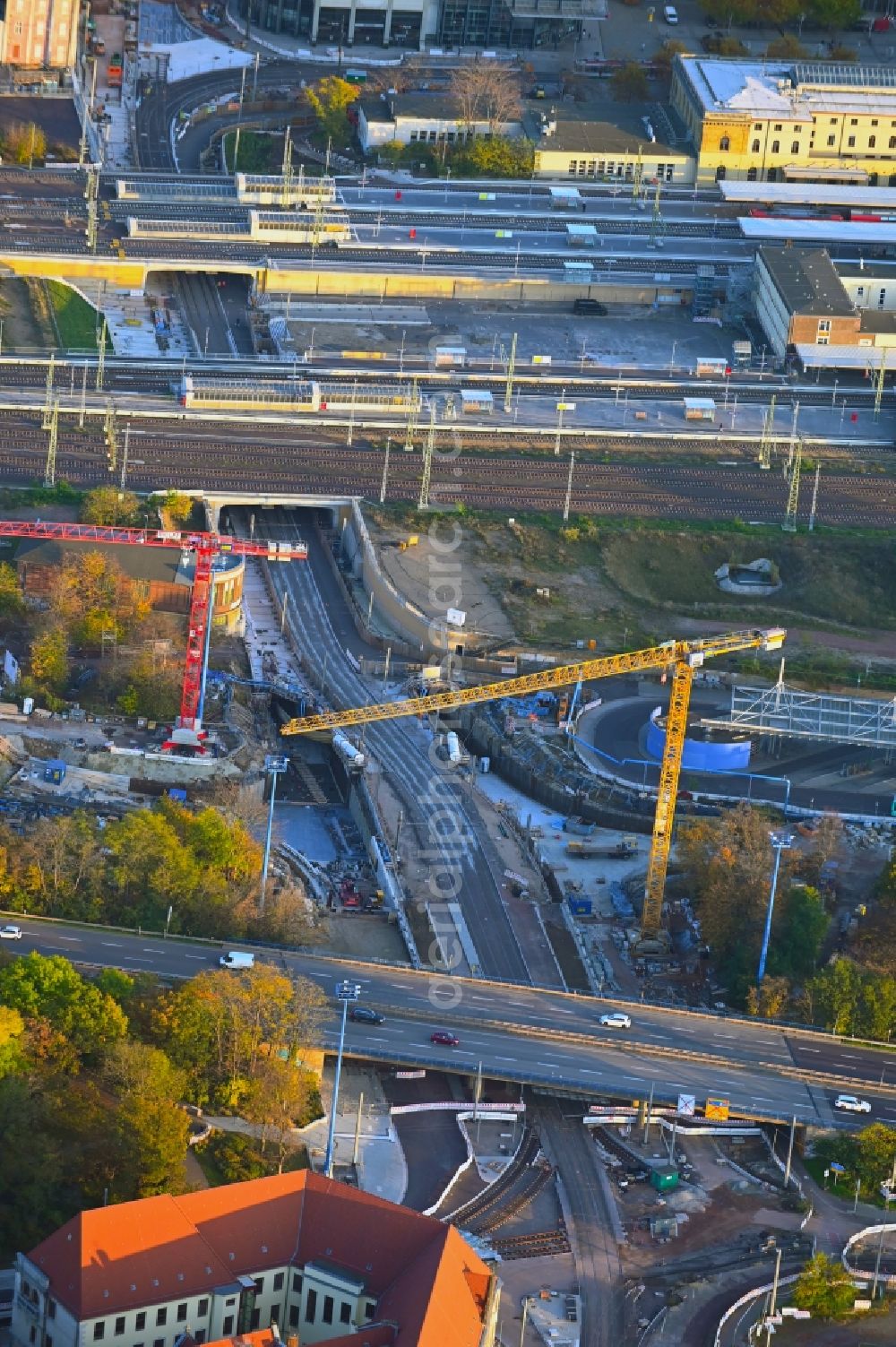 Magdeburg from the bird's eye view: Construction site for the new channel building Citytunnel in Magdeburg in the state Saxony-Anhalt