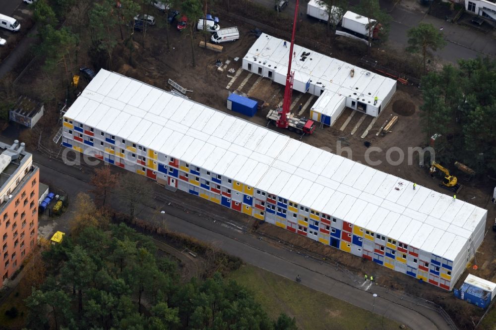 Aerial image Berlin - Construction site for the new construction container village for refugees in Berlin Koepenick