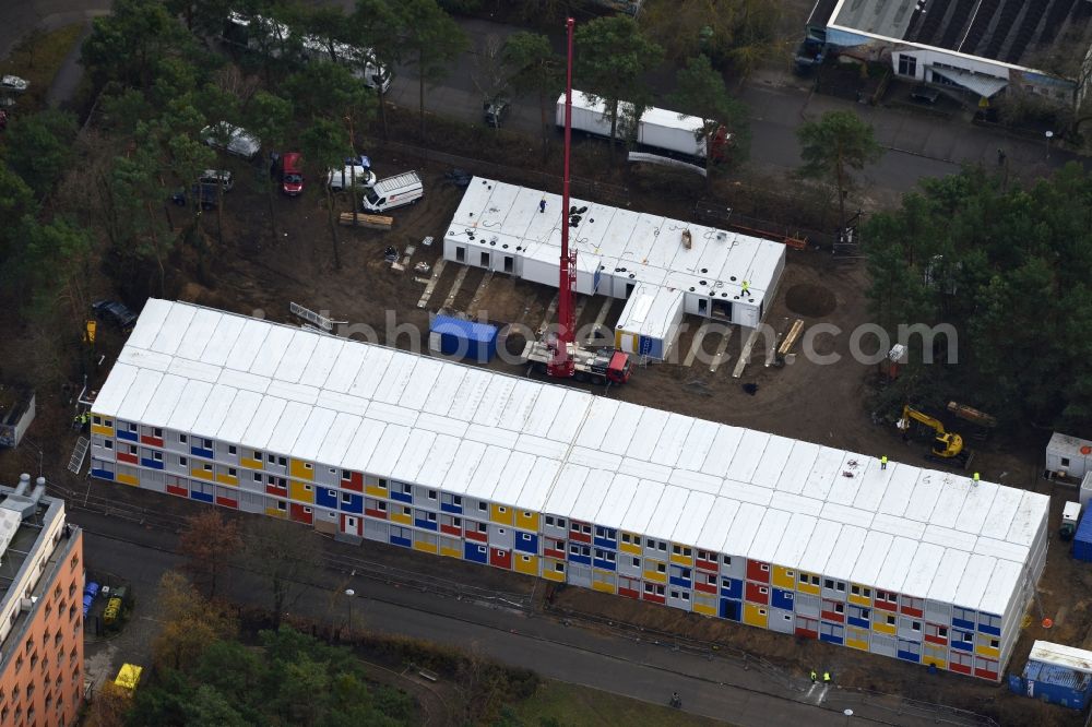 Aerial photograph Berlin - Construction site for the new construction container village for refugees in Berlin Koepenick