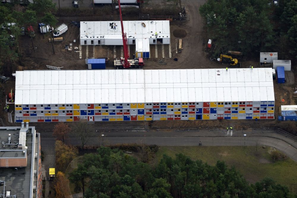 Berlin from the bird's eye view: Construction site for the new construction container village for refugees in Berlin Koepenick