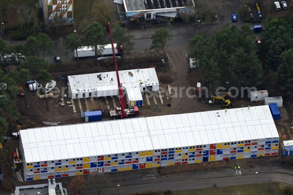 Aerial image Berlin - Construction site for the new construction container village for refugees in Berlin Koepenick