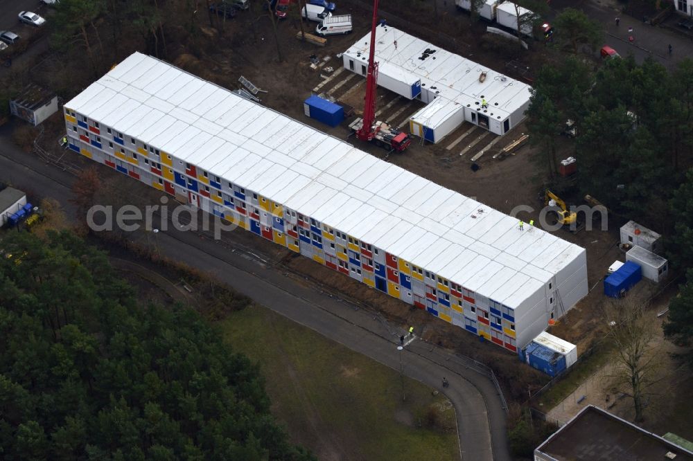 Aerial photograph Berlin - Construction site for the new construction container village for refugees in Berlin Koepenick