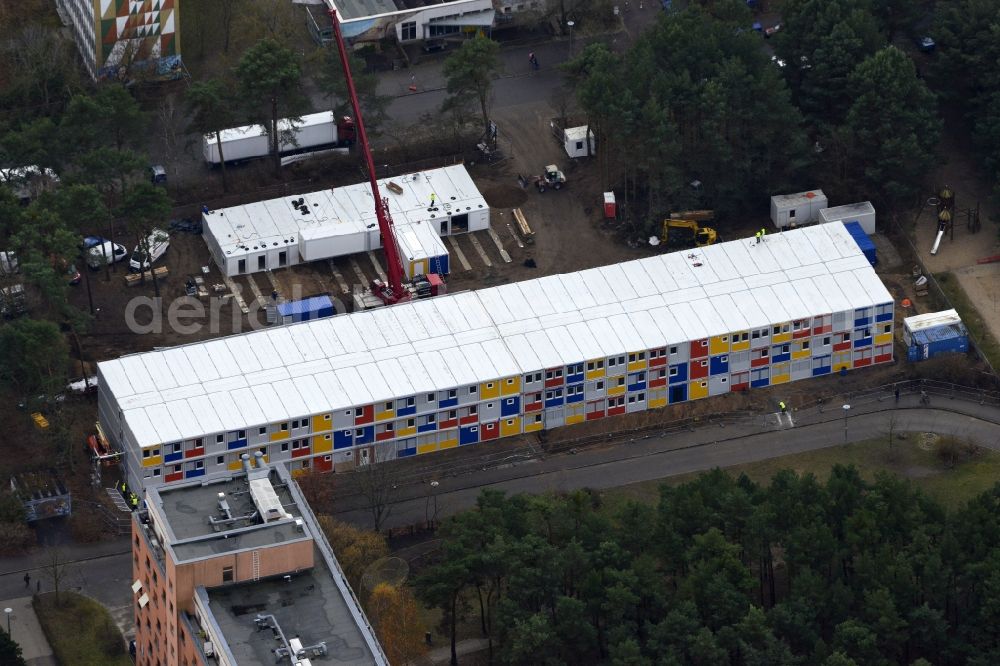 Aerial image Berlin - Construction site for the new construction container village for refugees in Berlin Koepenick