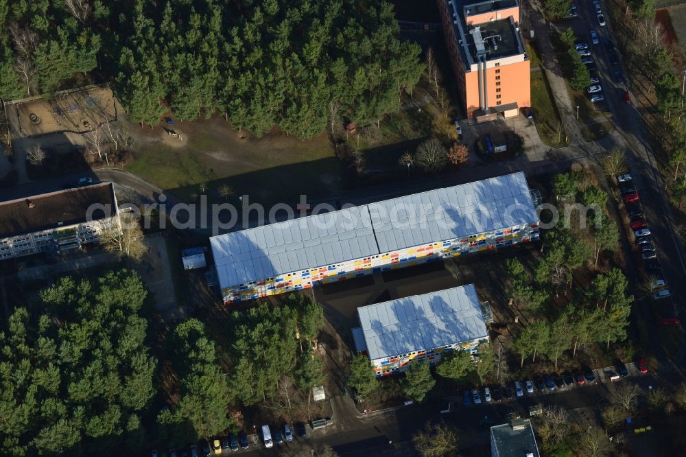 Aerial photograph Berlin - Construction site for the new construction container village for refugees in Berlin Koepenick