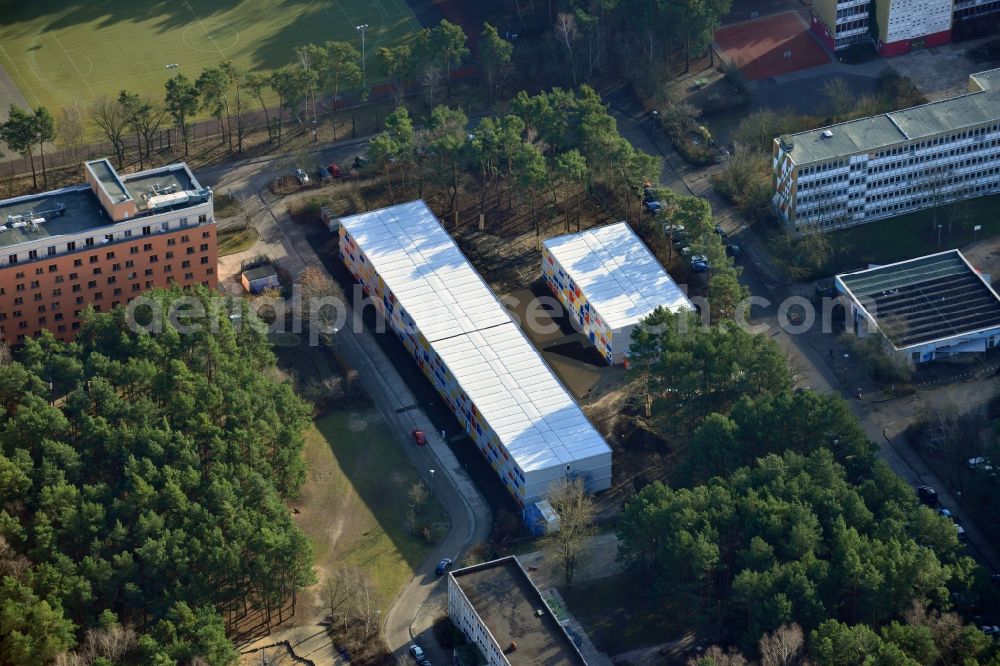 Aerial image Berlin - Construction site for the new construction container village for refugees in Berlin Koepenick