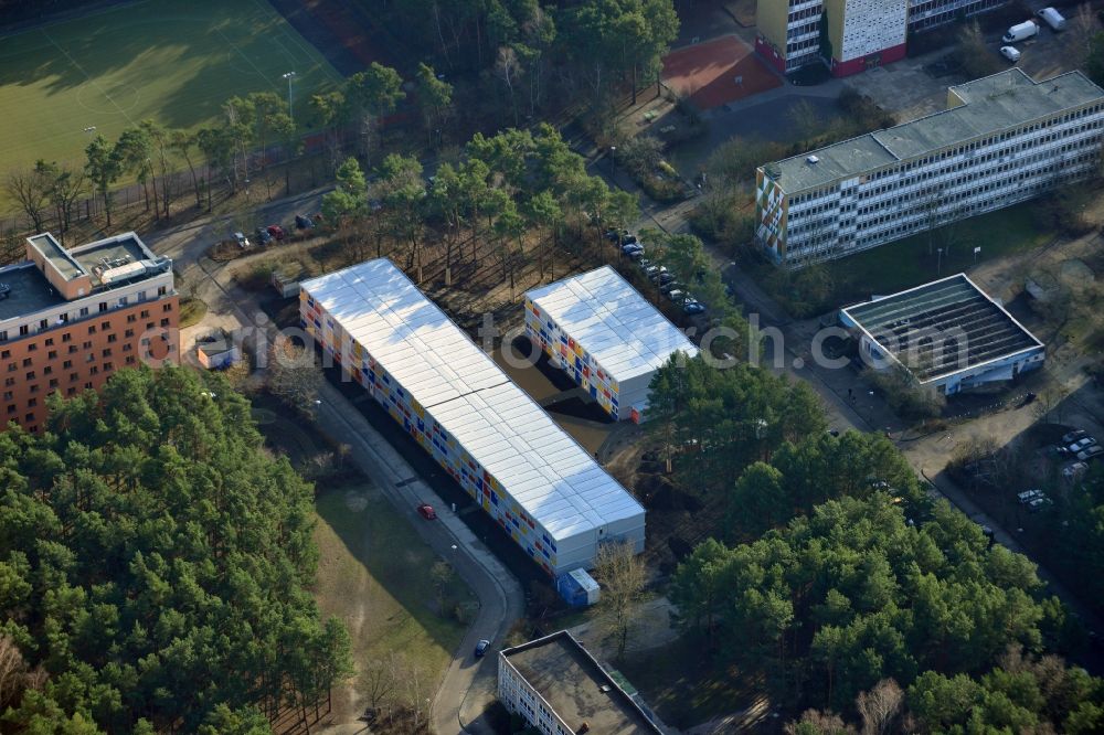 Aerial photograph Berlin - Construction site for the new construction container village for refugees in Berlin Koepenick