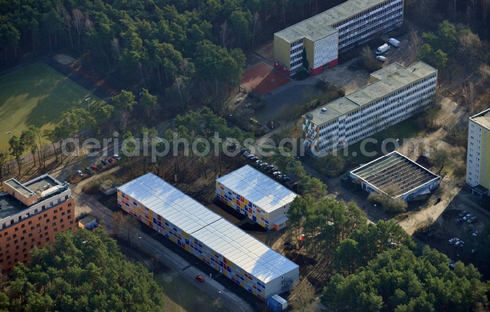 Berlin from above - Construction site for the new construction container village for refugees in Berlin Koepenick