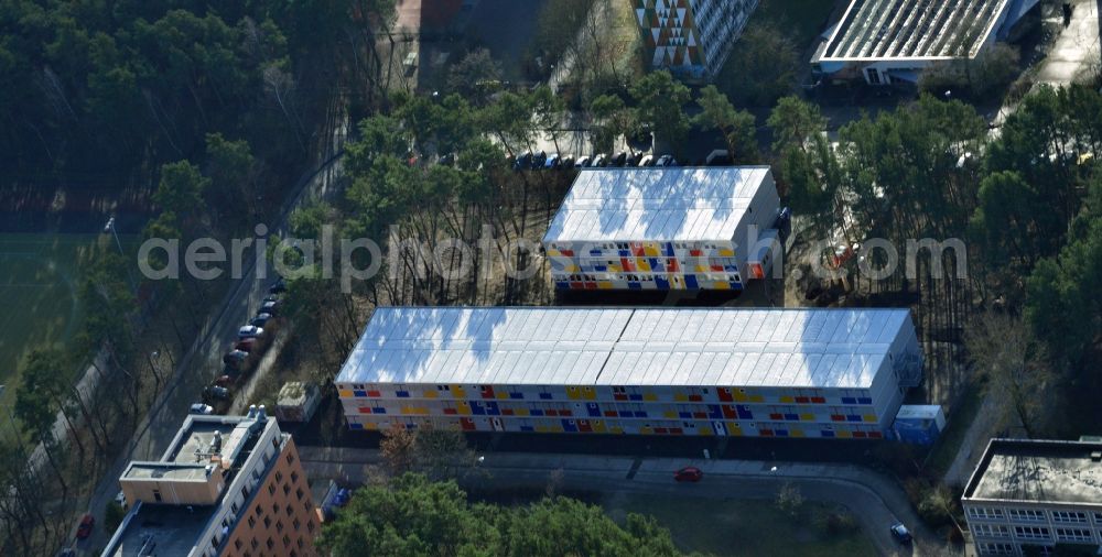 Berlin from the bird's eye view: Construction site for the new construction container village for refugees in Berlin Koepenick