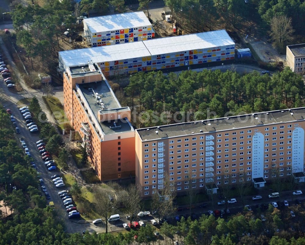 Aerial image Berlin - Construction site for the new construction container village for refugees in Berlin Koepenick