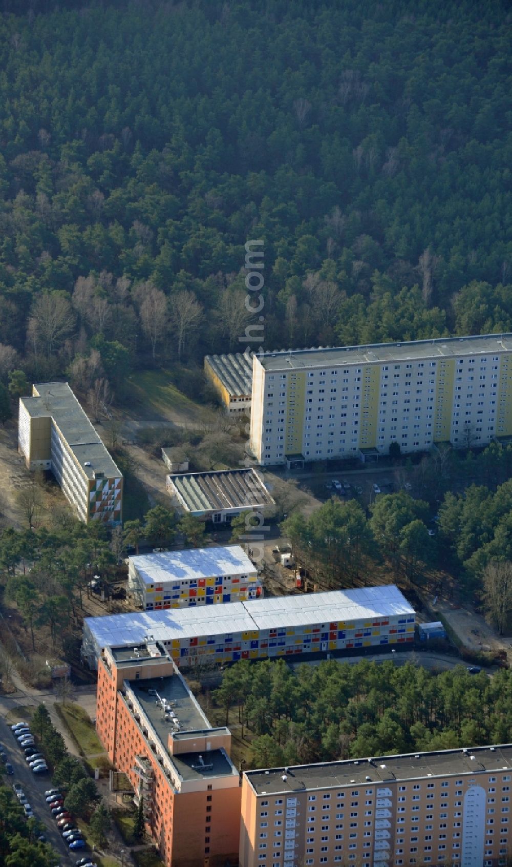 Aerial photograph Berlin - Construction site for the new construction container village for refugees in Berlin Koepenick