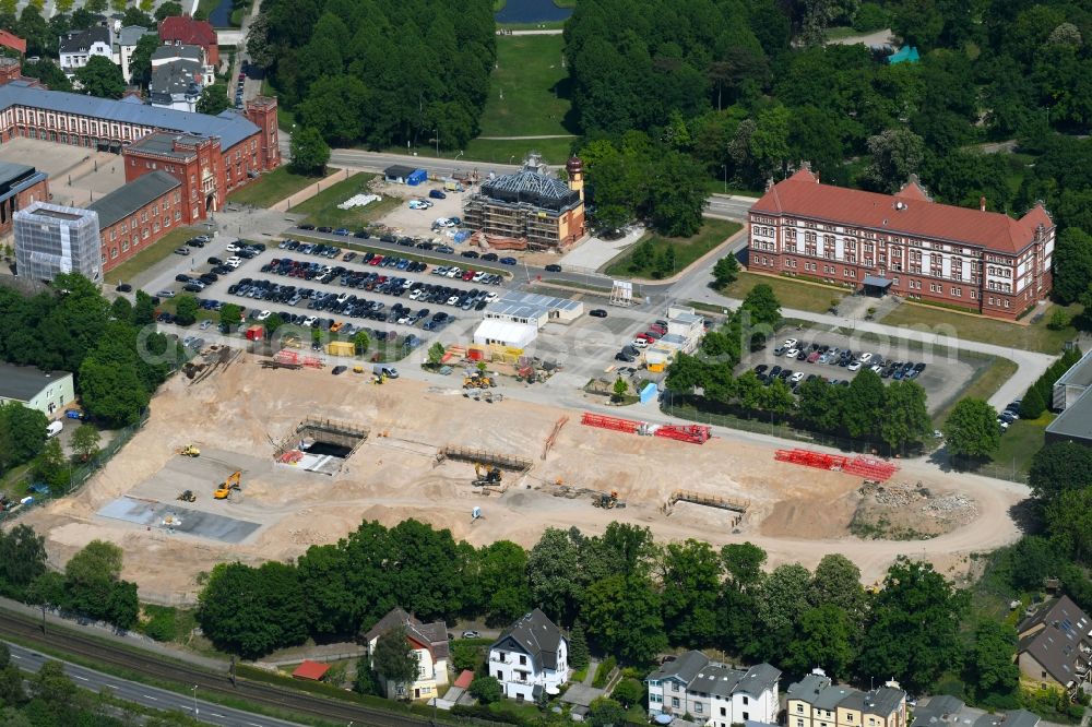 Schwerin from the bird's eye view: Construction site for the construction of depots and workshops in Schwerin in Mecklenburg-Vorpommern, Germany