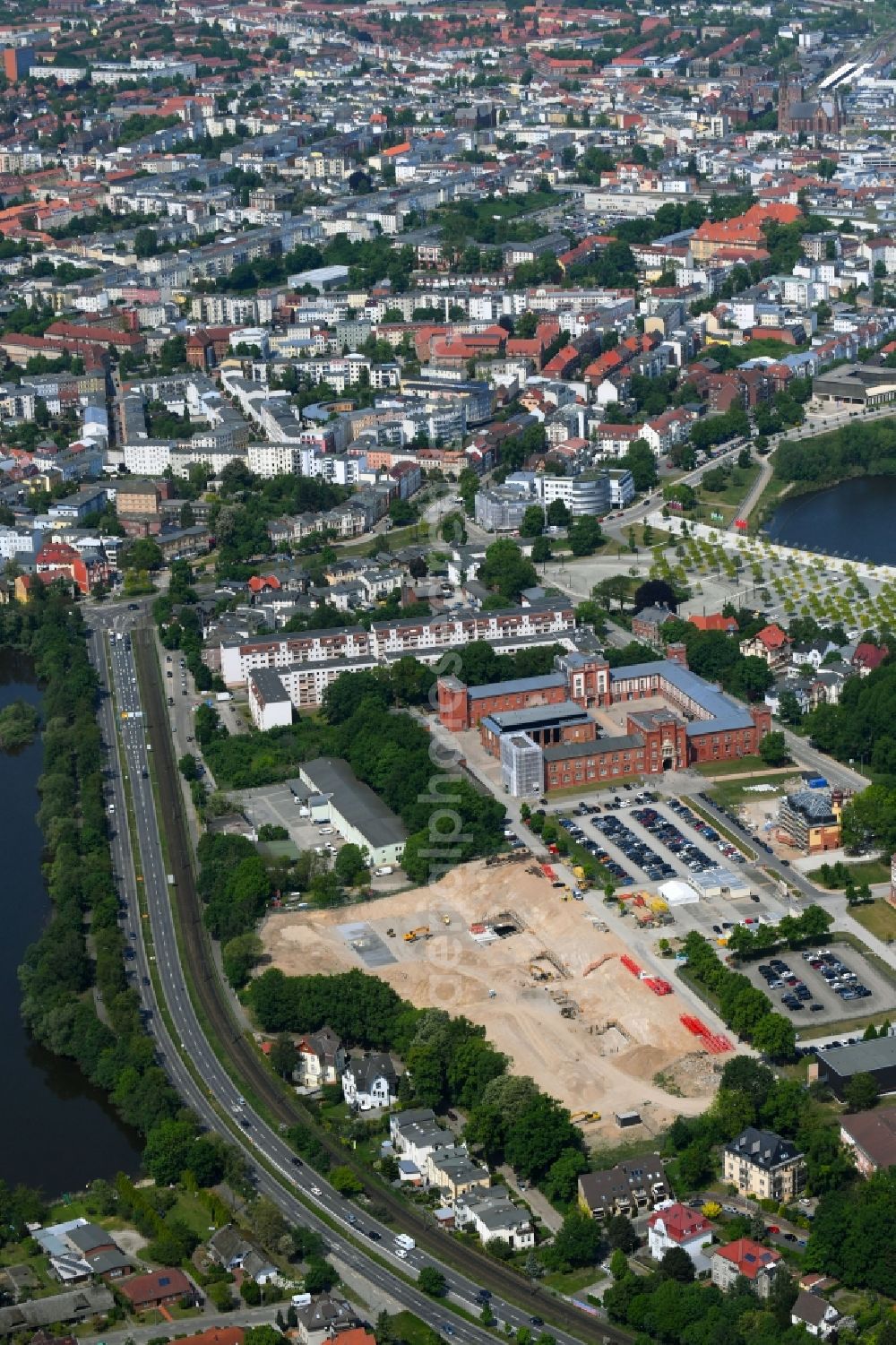 Schwerin from above - Construction site for the construction of depots and workshops in Schwerin in Mecklenburg-Vorpommern, Germany