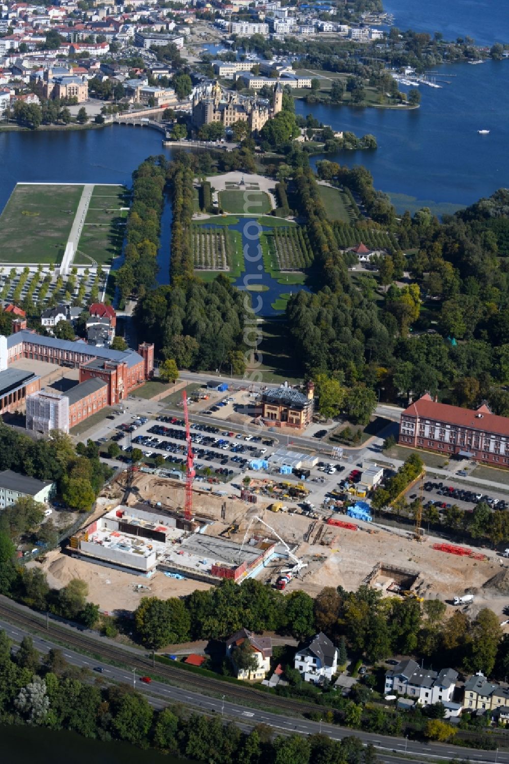 Schwerin from above - Construction site for the construction of depots and workshops in Schwerin in Mecklenburg-Vorpommern, Germany