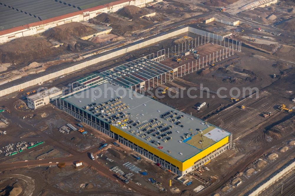 Bochum from the bird's eye view: Construction site to build a new building complex on the site of the logistics center in the development area MARK 51A?7 in Bochum in the state North Rhine-Westphalia, Germany