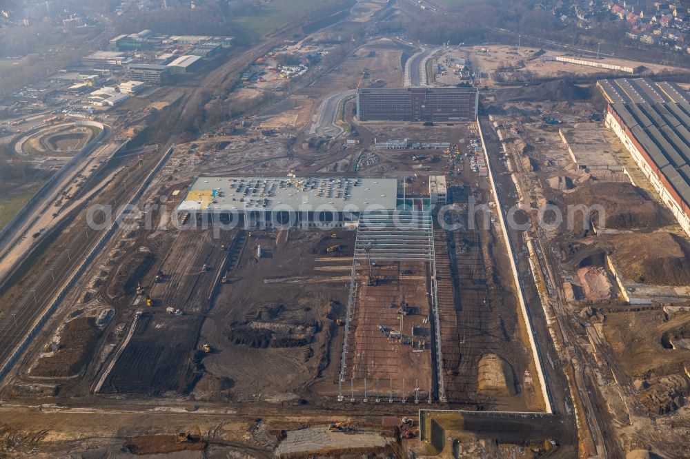 Bochum from the bird's eye view: Construction site to build a new building complex on the site of the logistics center in the development area MARK 51A?7 in Bochum in the state North Rhine-Westphalia, Germany